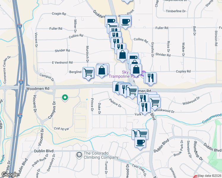 map of restaurants, bars, coffee shops, grocery stores, and more near 6971 Palace Drive in Colorado Springs