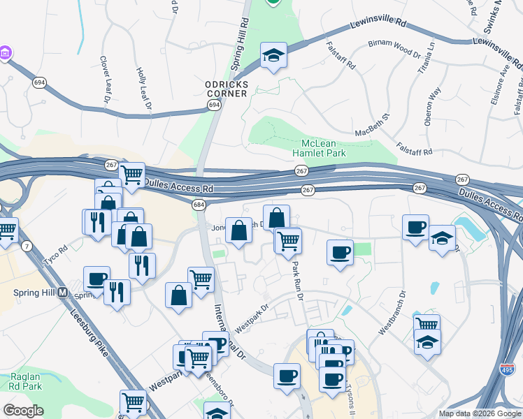map of restaurants, bars, coffee shops, grocery stores, and more near 8250 Jones Branch Drive in Tysons
