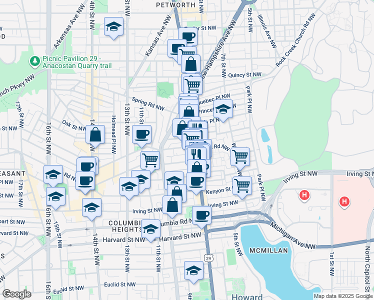 map of restaurants, bars, coffee shops, grocery stores, and more near 718 Park Road Northwest in Washington