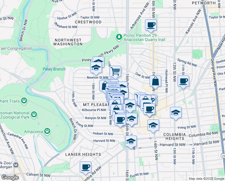 map of restaurants, bars, coffee shops, grocery stores, and more near 1673 Park Road Northwest in Washington