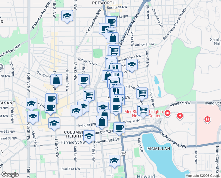 map of restaurants, bars, coffee shops, grocery stores, and more near 718 Park Road Northwest in Washington