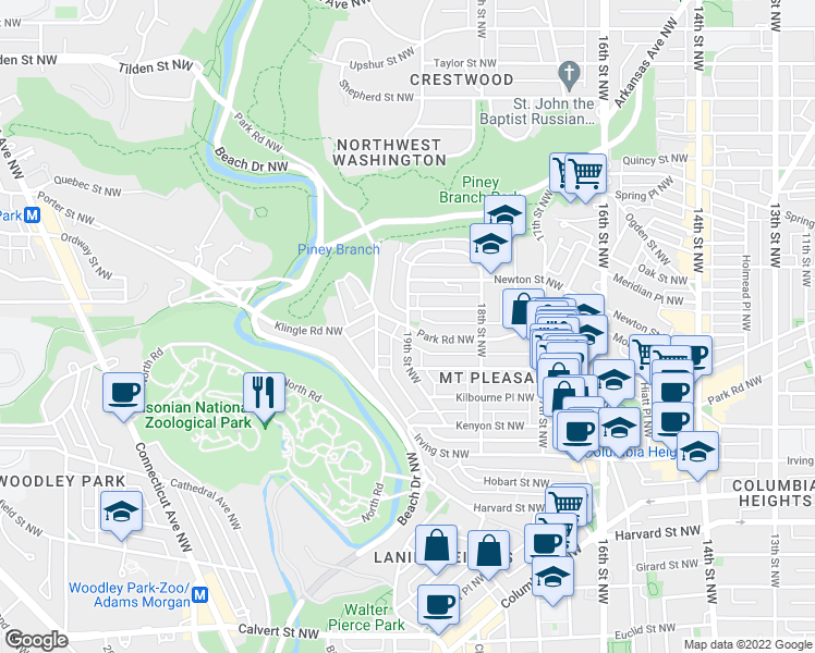 map of restaurants, bars, coffee shops, grocery stores, and more near Park Road Northwest & 19th Street Northwest in Washington