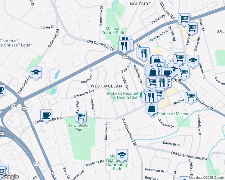 map of restaurants, bars, coffee shops, grocery stores, and more near 1439 Pathfinder Lane in McLean