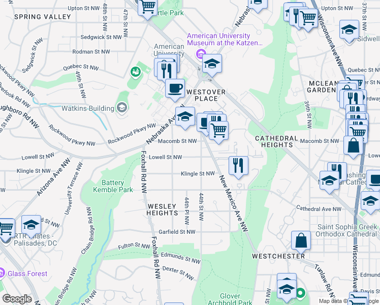 map of restaurants, bars, coffee shops, grocery stores, and more near 4417 Lowell Street Northwest in Washington