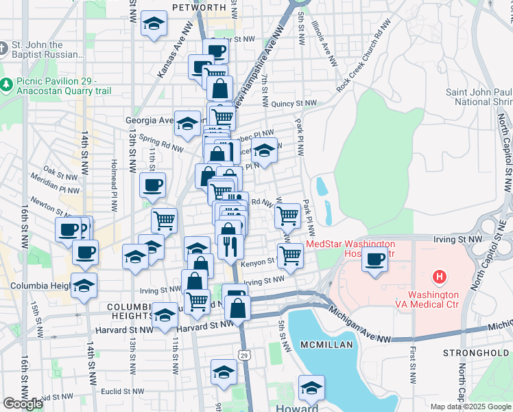 map of restaurants, bars, coffee shops, grocery stores, and more near 610 Park Road Northwest in Washington