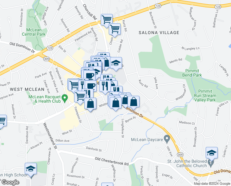 map of restaurants, bars, coffee shops, grocery stores, and more near 6701 Corner Lane in McLean