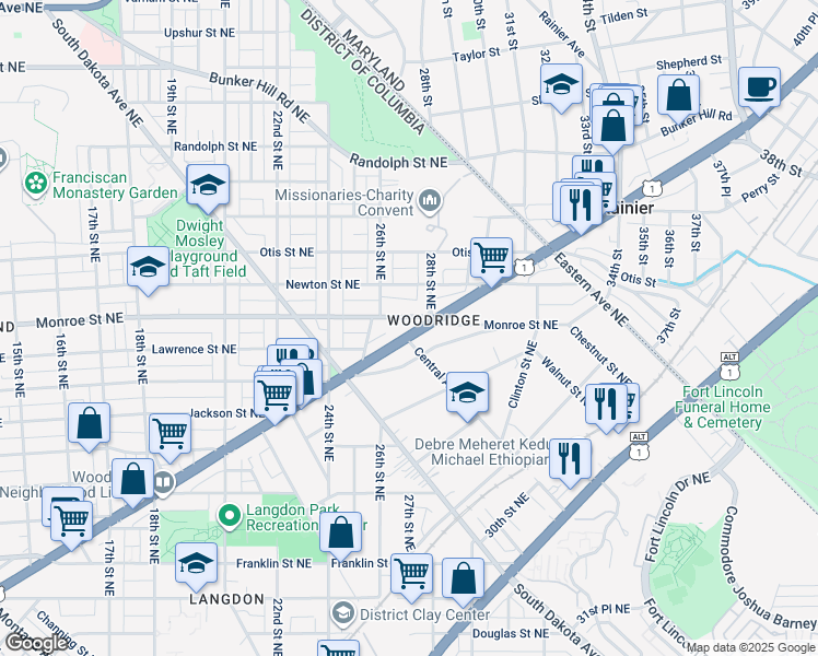 map of restaurants, bars, coffee shops, grocery stores, and more near 2622 Rhode Island Avenue Northeast in Washington