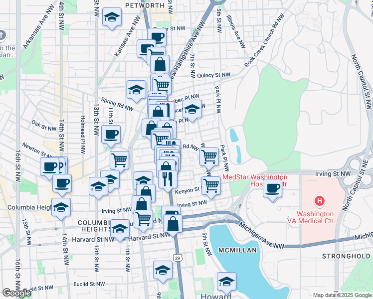 map of restaurants, bars, coffee shops, grocery stores, and more near 610 Park Road Northwest in Washington
