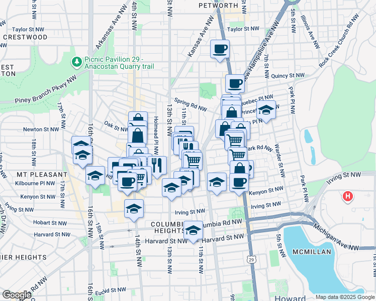 map of restaurants, bars, coffee shops, grocery stores, and more near 1020 Monroe Street Northwest in Washington