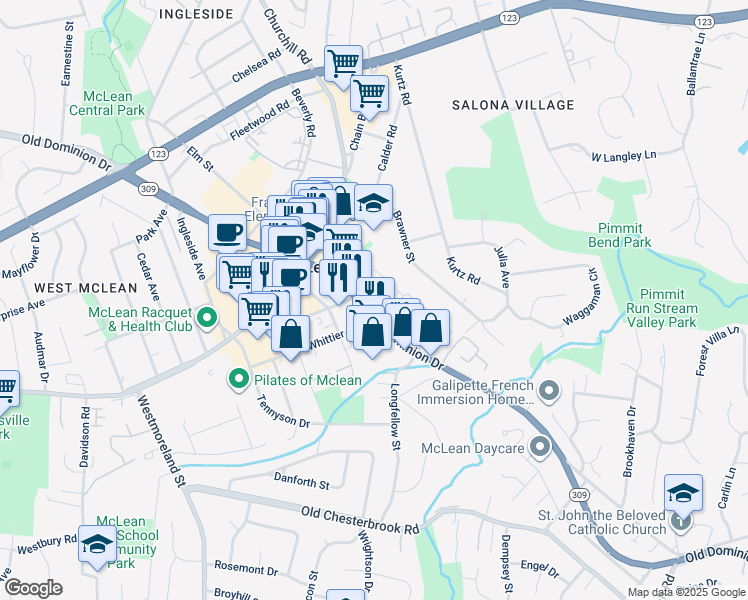 map of restaurants, bars, coffee shops, grocery stores, and more near 6701 Corner Lane in McLean