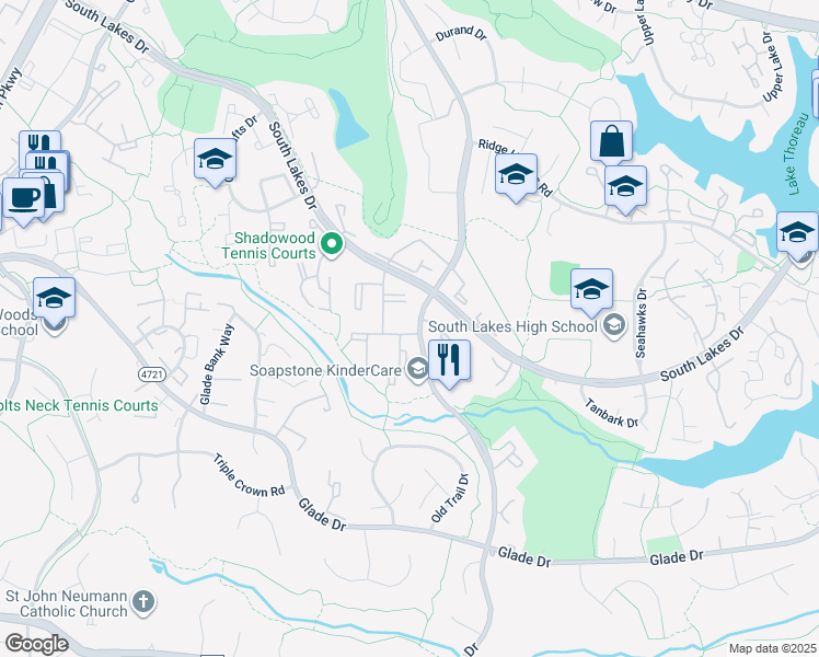 map of restaurants, bars, coffee shops, grocery stores, and more near 11600 Stoneview Square in Reston