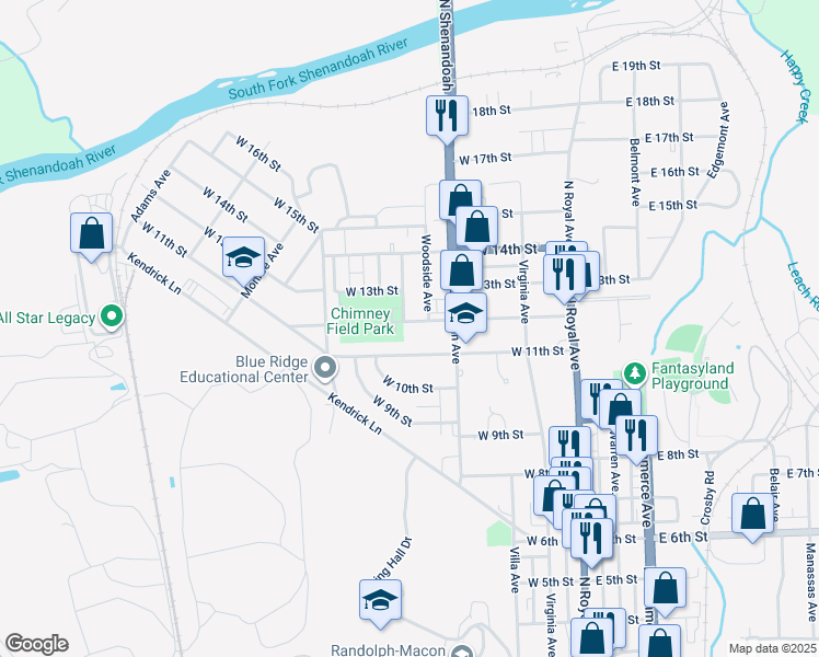 map of restaurants, bars, coffee shops, grocery stores, and more near 408 West 12th Street in Front Royal