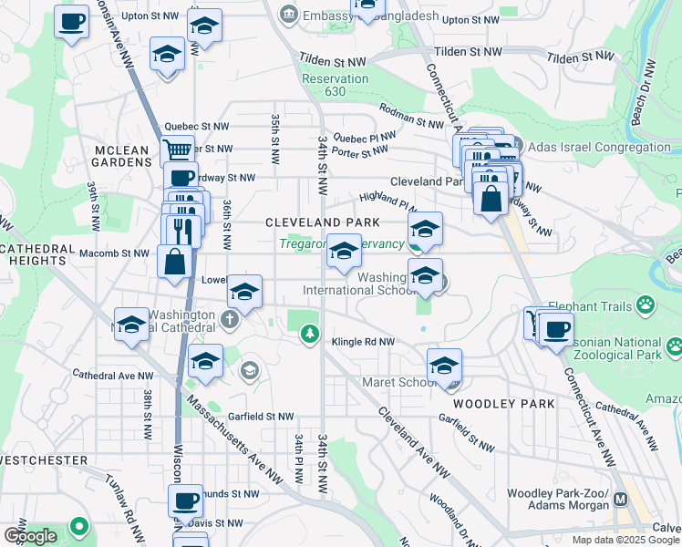 map of restaurants, bars, coffee shops, grocery stores, and more near 3301 Lowell Street Northwest in Washington