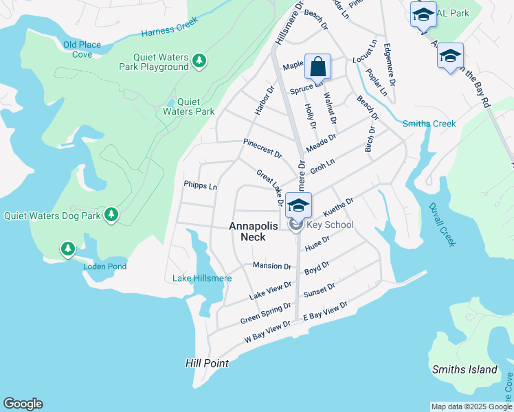 map of restaurants, bars, coffee shops, grocery stores, and more near 106 Spring Valley Drive in Annapolis