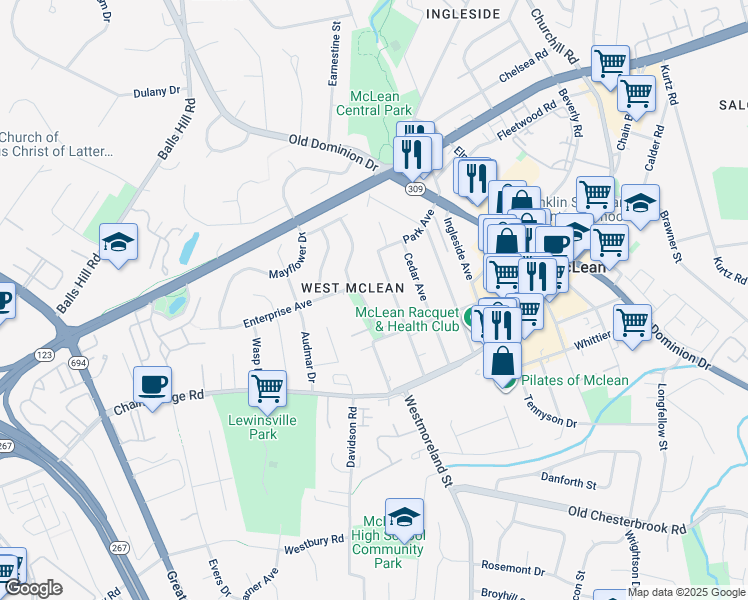map of restaurants, bars, coffee shops, grocery stores, and more near 1439 Pathfinder Lane in McLean