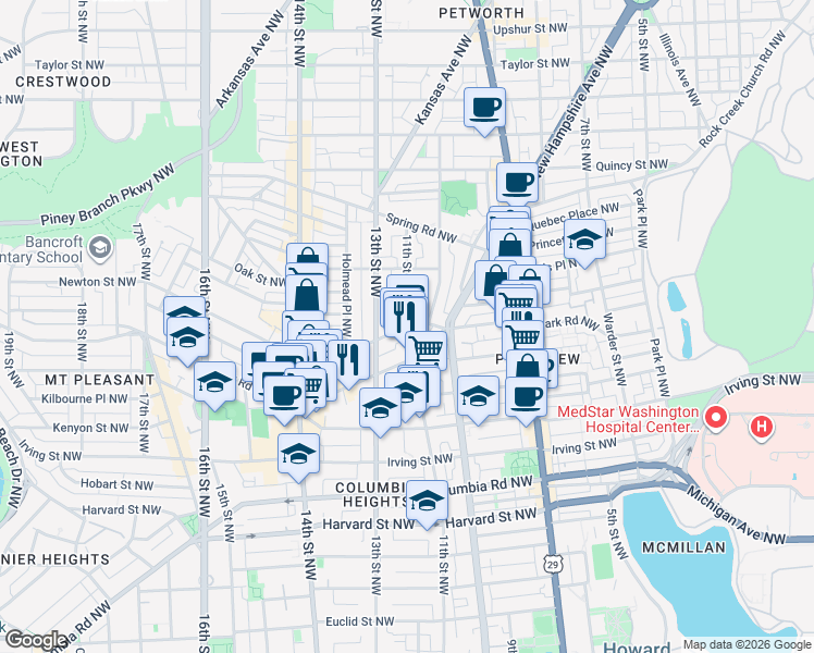 map of restaurants, bars, coffee shops, grocery stores, and more near 11th St NW & Monroe St NW in Washington