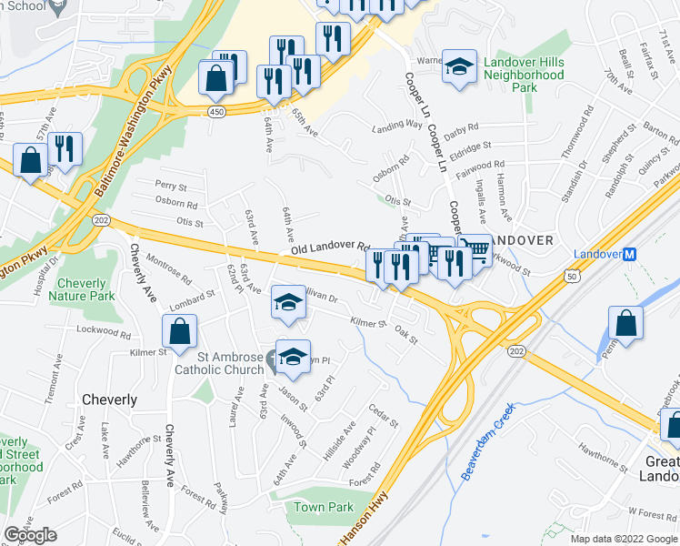 map of restaurants, bars, coffee shops, grocery stores, and more near 6407 Landover Rd in Cheverly