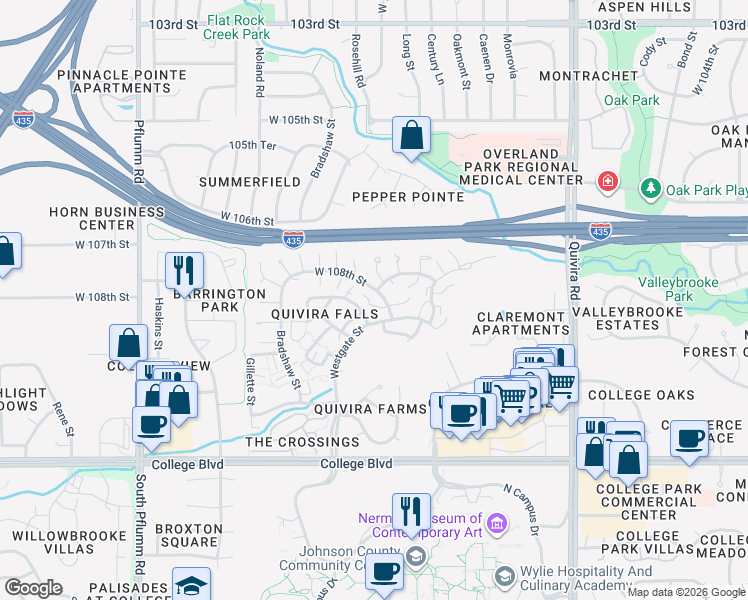 map of restaurants, bars, coffee shops, grocery stores, and more near 12696 West 108th Terrace in Overland Park