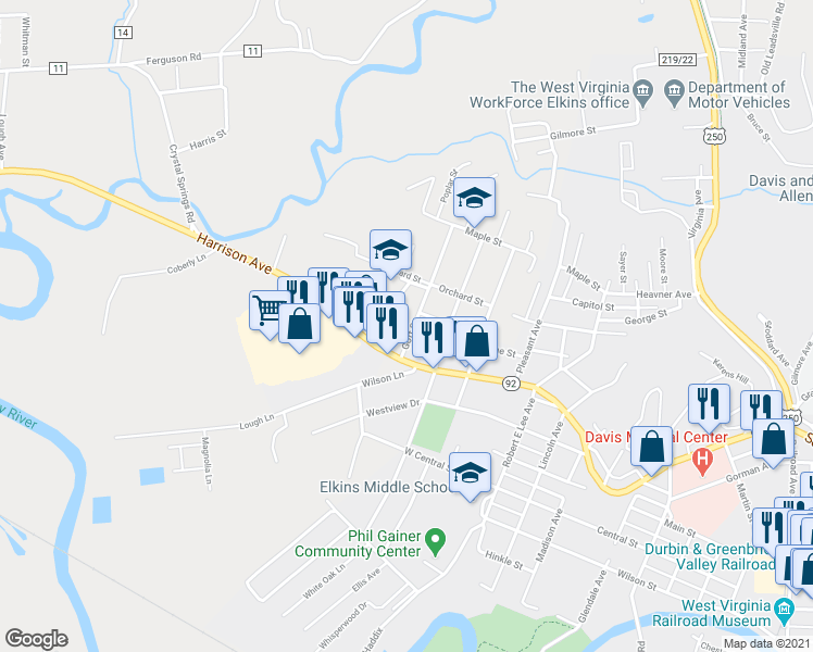 map of restaurants, bars, coffee shops, grocery stores, and more near 5 Goff Street in Elkins