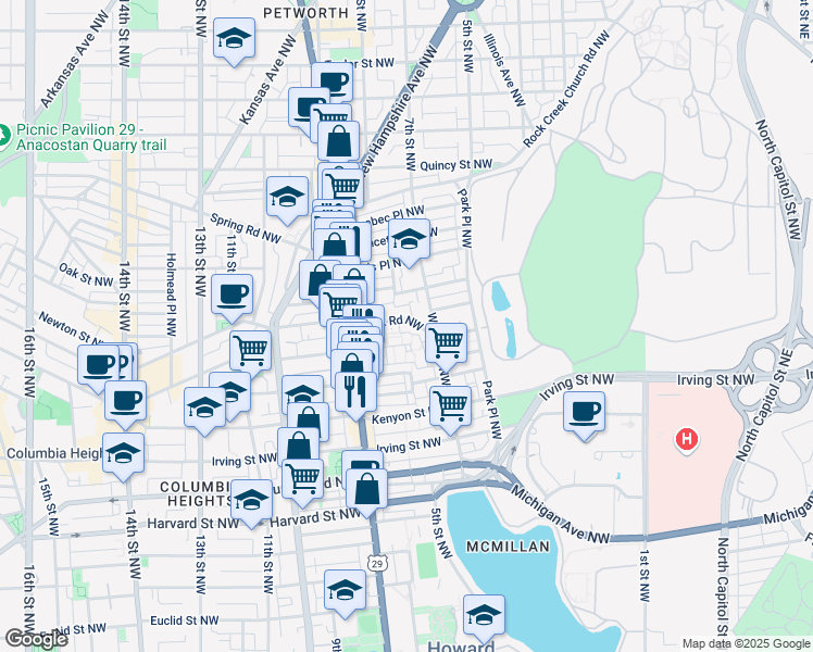 map of restaurants, bars, coffee shops, grocery stores, and more near 592 Park Road Northwest in Washington