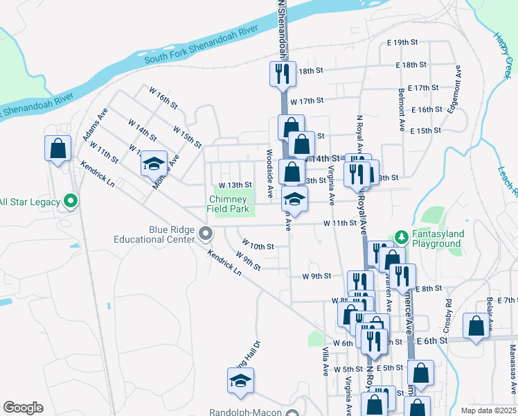 map of restaurants, bars, coffee shops, grocery stores, and more near 408 West 12th Street in Front Royal