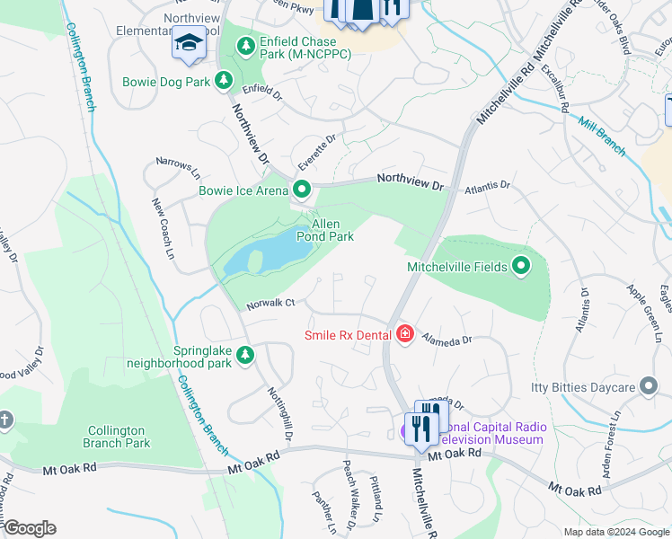 map of restaurants, bars, coffee shops, grocery stores, and more near 3054 North Dale Lane in Bowie