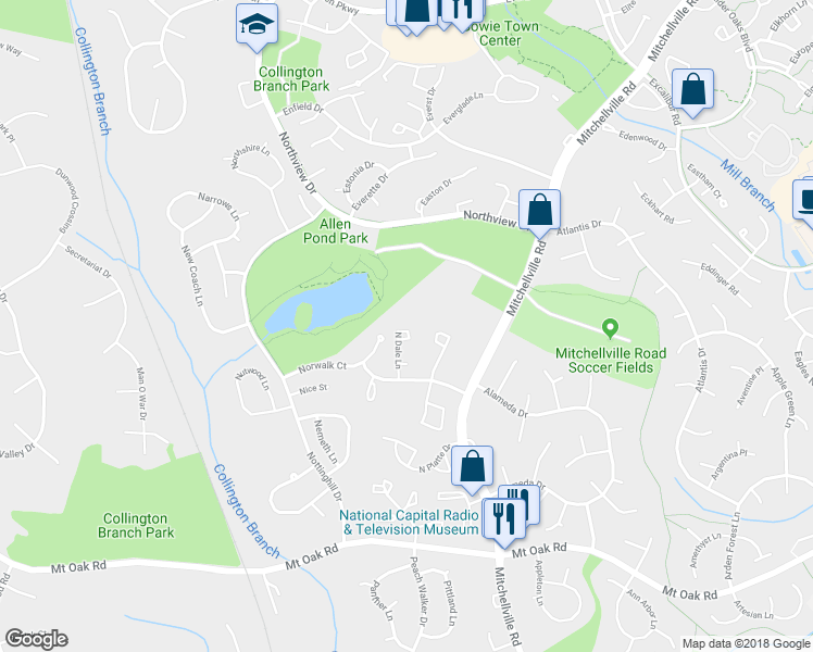 map of restaurants, bars, coffee shops, grocery stores, and more near 3059 North Dale Lane in Bowie