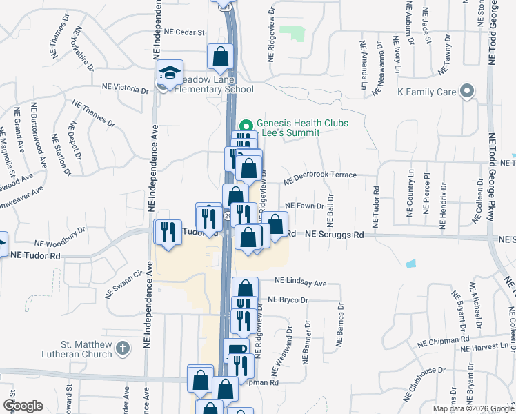 map of restaurants, bars, coffee shops, grocery stores, and more near 1117 Northeast Ridgeview Drive in Lee's Summit