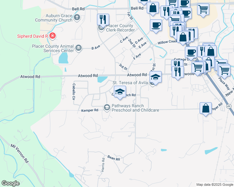 map of restaurants, bars, coffee shops, grocery stores, and more near 11355 Spur Lane in Auburn
