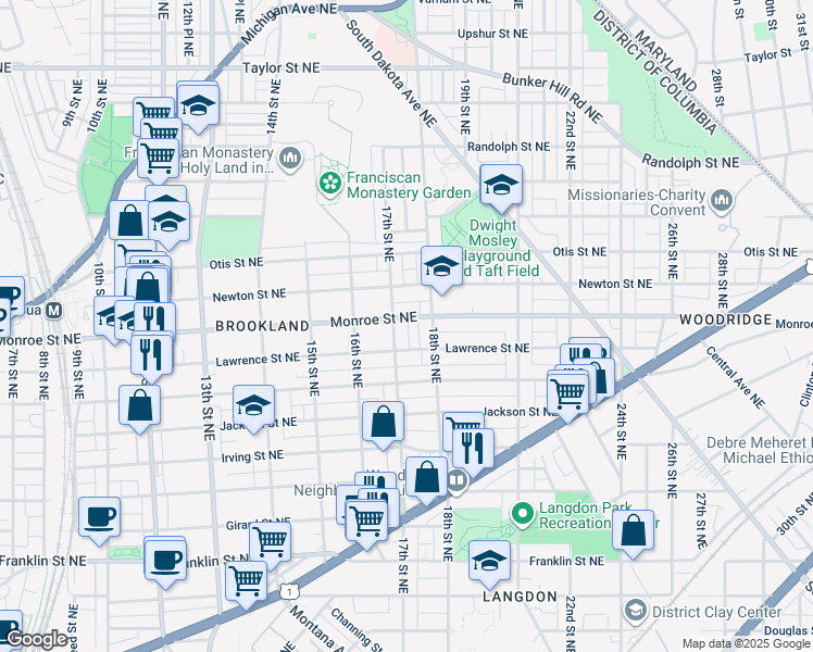 map of restaurants, bars, coffee shops, grocery stores, and more near 1709 Monroe Street Northeast in Washington