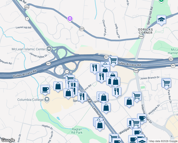 map of restaurants, bars, coffee shops, grocery stores, and more near 8604 Leesburg Pike in Vienna