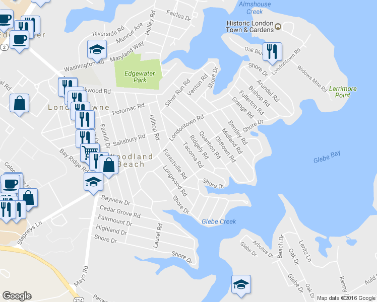 map of restaurants, bars, coffee shops, grocery stores, and more near 1718 Tacoma Road in Edgewater