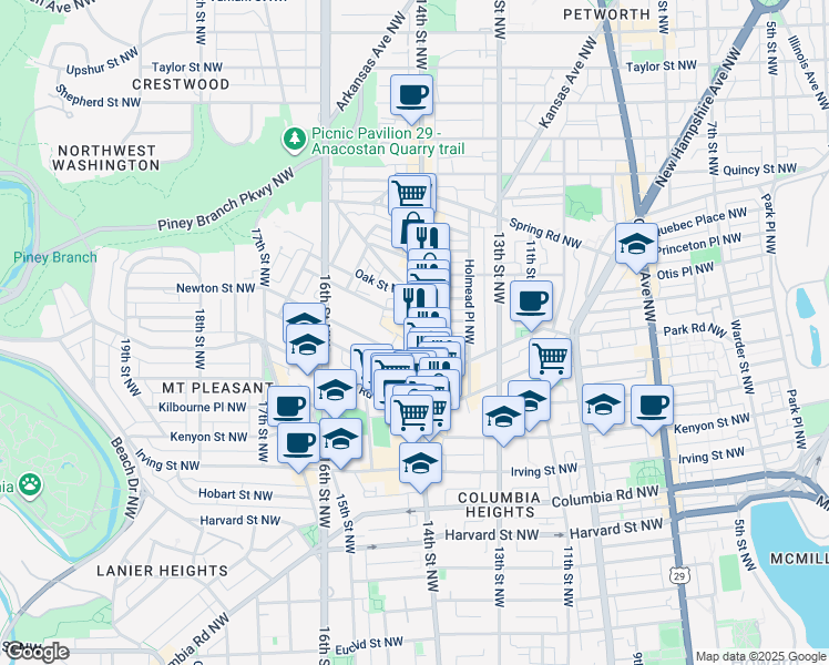 map of restaurants, bars, coffee shops, grocery stores, and more near 3460 14th Street Northwest in Washington