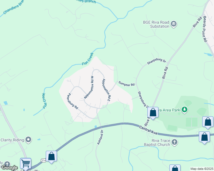 map of restaurants, bars, coffee shops, grocery stores, and more near 737 Appomattox Road West in Davidsonville