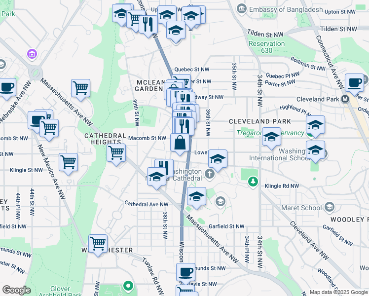 map of restaurants, bars, coffee shops, grocery stores, and more near 3222 Wisconsin Avenue Northwest in Washington