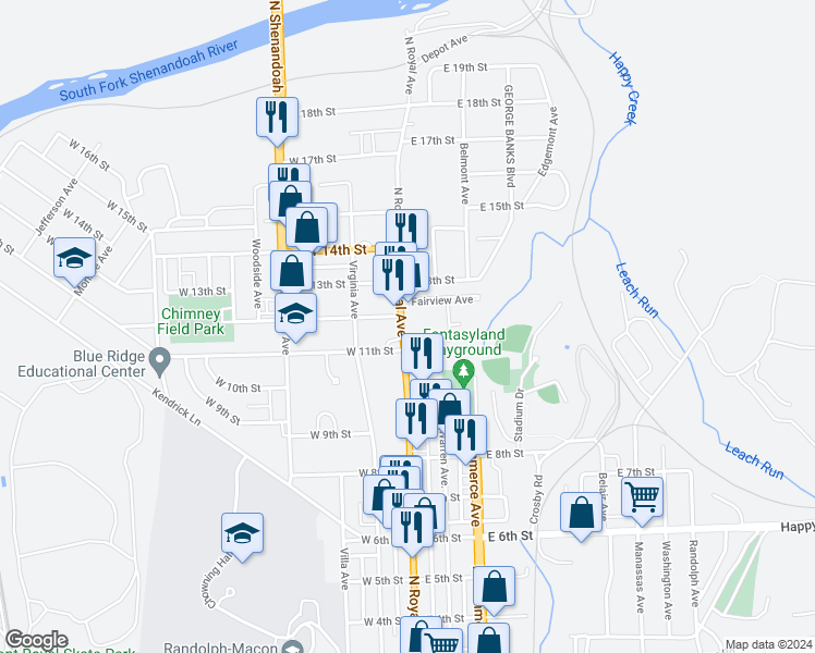 map of restaurants, bars, coffee shops, grocery stores, and more near 1125 North Royal Avenue in Front Royal