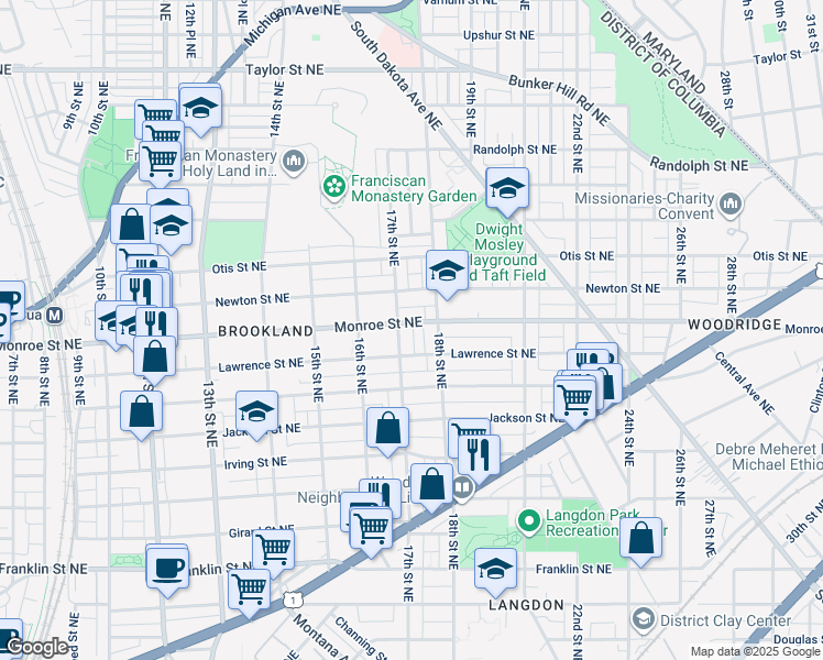 map of restaurants, bars, coffee shops, grocery stores, and more near 1709 Monroe Street Northeast in Washington