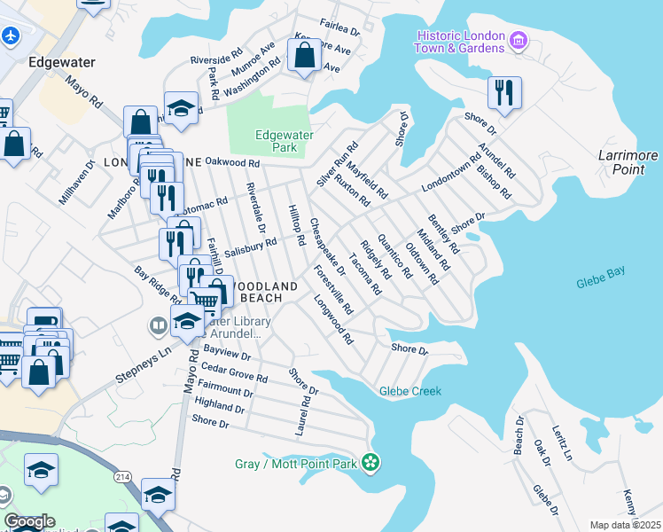 map of restaurants, bars, coffee shops, grocery stores, and more near 1708 Chesapeake Drive in Edgewater