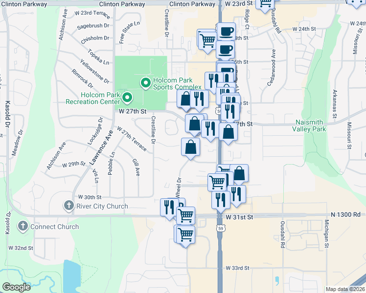 map of restaurants, bars, coffee shops, grocery stores, and more near 2505 Crestline Court in Lawrence