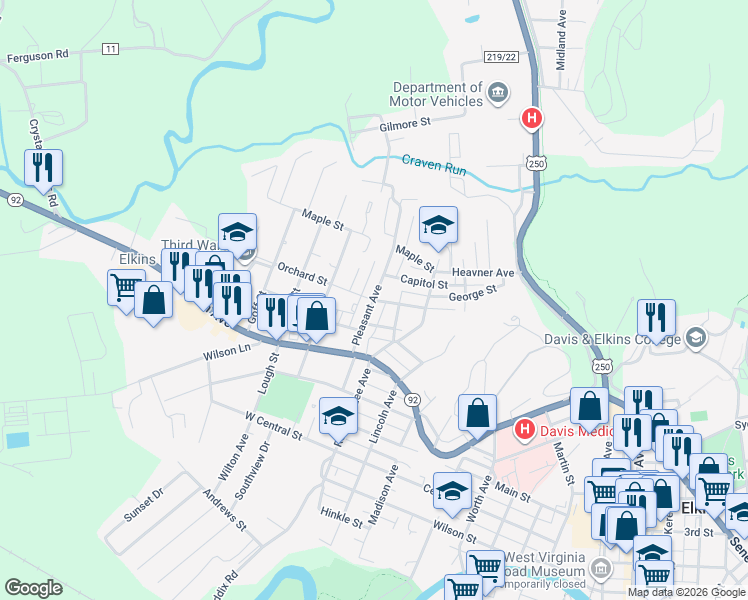 map of restaurants, bars, coffee shops, grocery stores, and more near 67 Pleasant Ave in Elkins