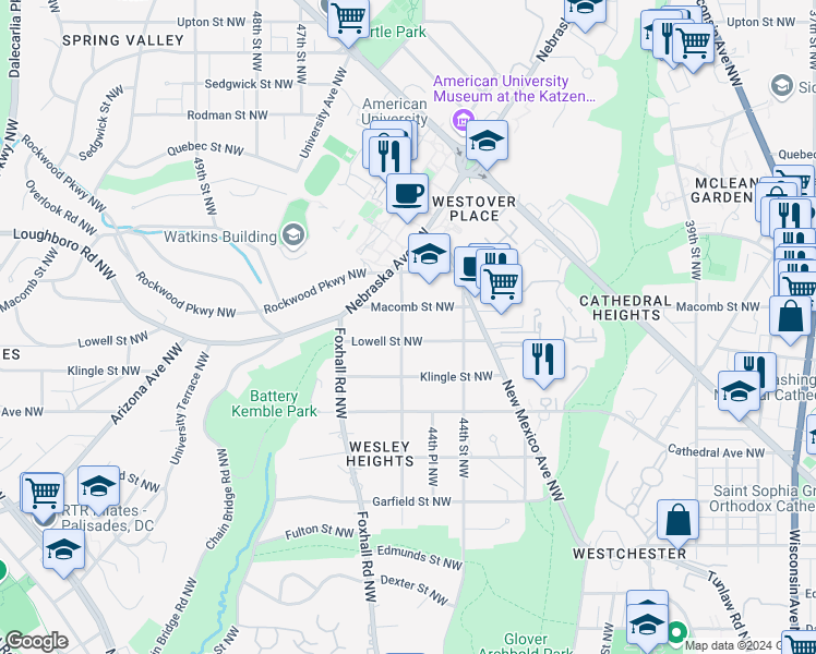 map of restaurants, bars, coffee shops, grocery stores, and more near 3211 45th Street Northwest in Washington