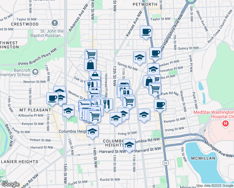 map of restaurants, bars, coffee shops, grocery stores, and more near 3511 13th Street Northwest in Washington
