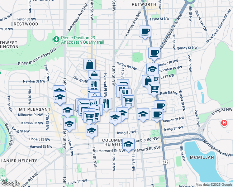 map of restaurants, bars, coffee shops, grocery stores, and more near 3511 13th Street Northwest in Washington
