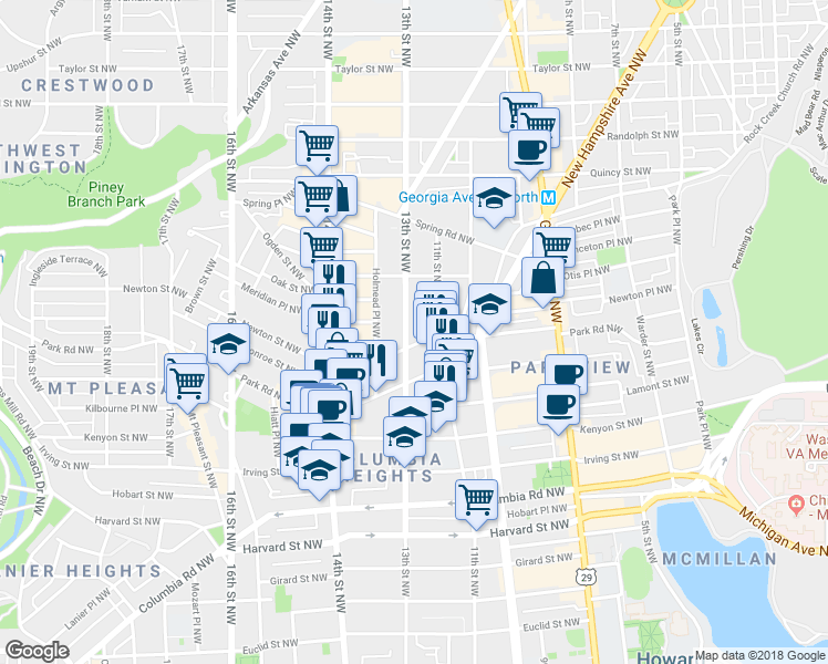 map of restaurants, bars, coffee shops, grocery stores, and more near 3511 13th Street Northwest in Washington