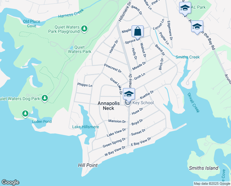 map of restaurants, bars, coffee shops, grocery stores, and more near 100 Spring Valley Drive in Annapolis