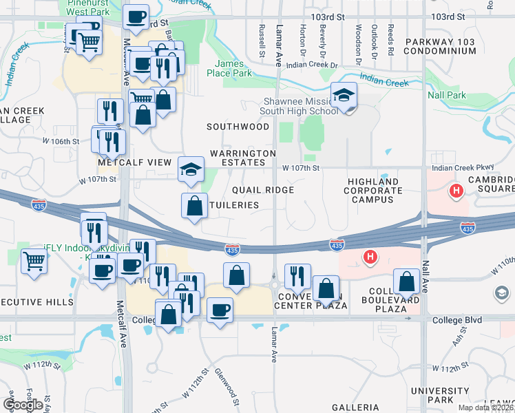 map of restaurants, bars, coffee shops, grocery stores, and more near 6307 West 108th Street in Leawood