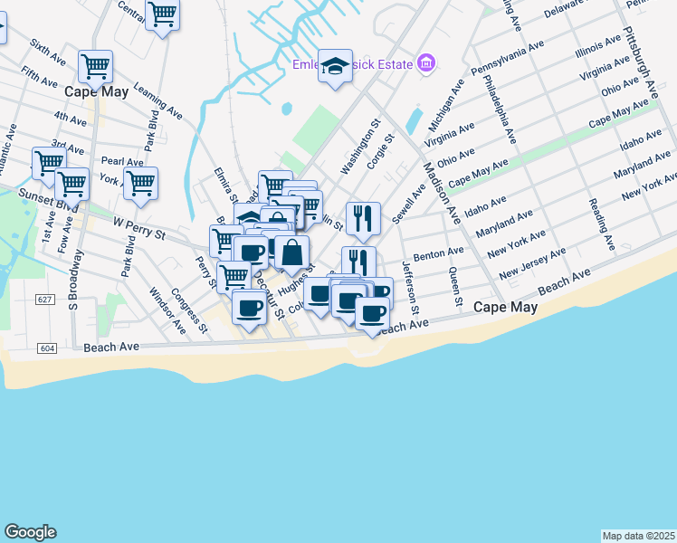 map of restaurants, bars, coffee shops, grocery stores, and more near 119 Stockton Place in Cape May