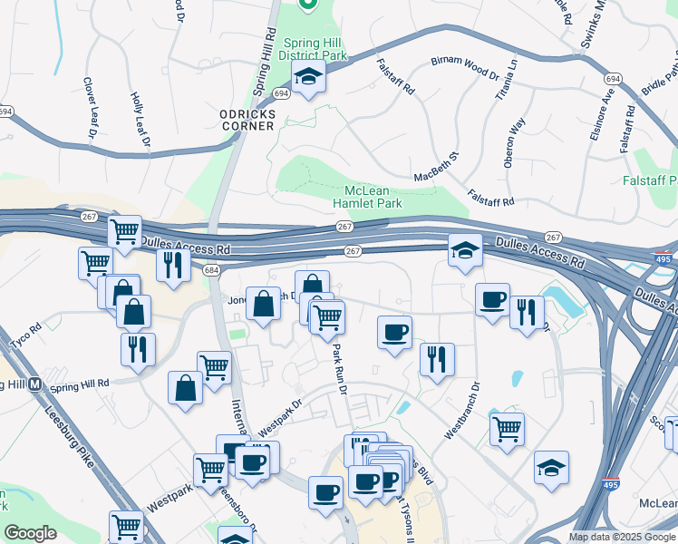 map of restaurants, bars, coffee shops, grocery stores, and more near 8200 Jones Branch Drive in Tysons