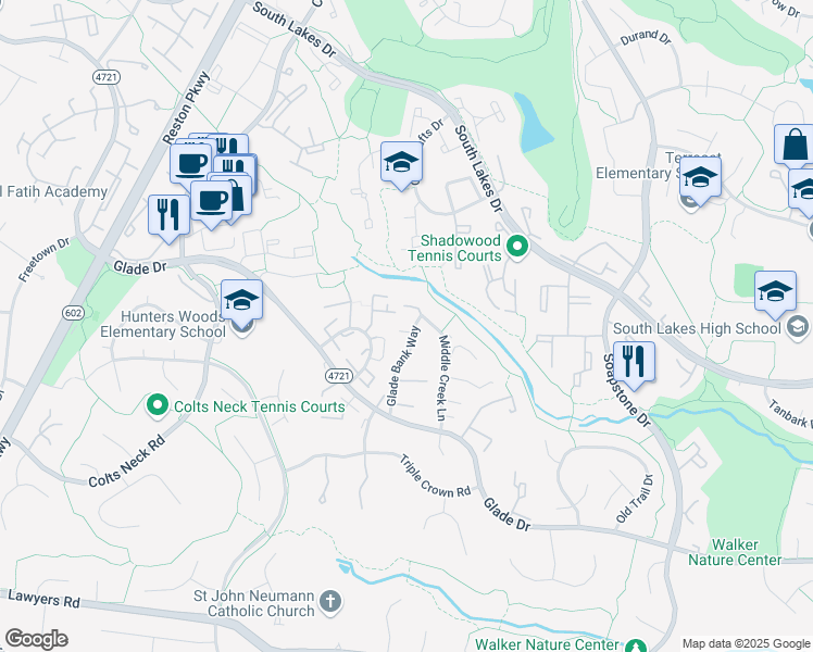 map of restaurants, bars, coffee shops, grocery stores, and more near 2300 Glade Bank Way in Reston