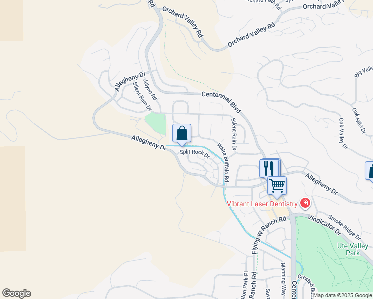 map of restaurants, bars, coffee shops, grocery stores, and more near 2407 Split Rock Drive in Colorado Springs